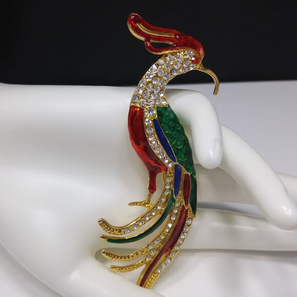 Vintage Large "Bird of Paradise" Brooch, Bright Enamel, Clear Rhinestones, 1990s - Picture 10 of 10